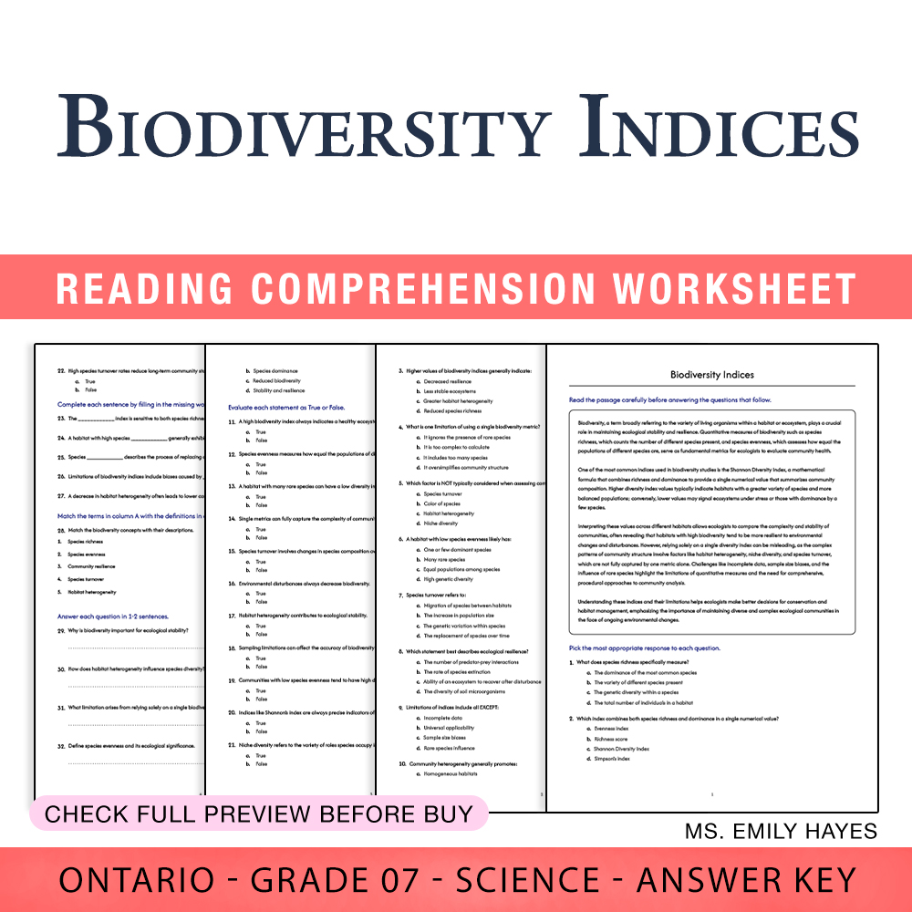Grade 7 Science worksheet worksheet — 7th Grade Science | Biodiversity Indices Worksheet (PDF+ Answer Key) — page 1