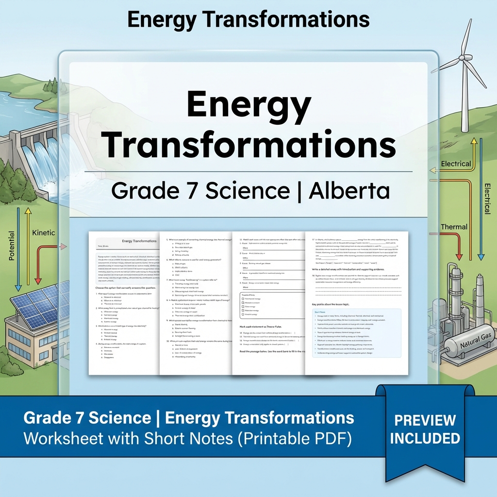 Grade 7 Science | Energy Transformations Worksheet with Short Notes (PDF)
