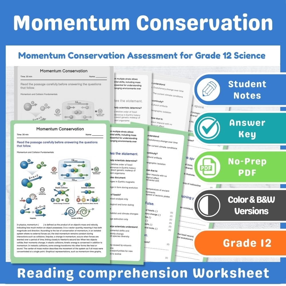 Grade 12 Science assessment worksheet — Momentum Conservation Assessment for Grade 12 Science – Standards-Aligned — page 1