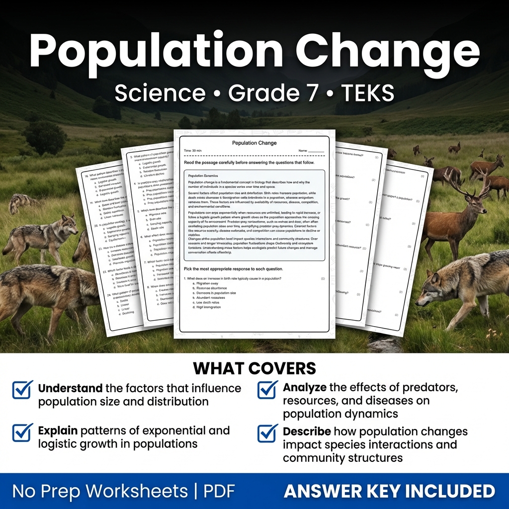 Grade 7 Science worksheet — Population Change Worksheet | TEKS Grade 7 Science Practice PDF