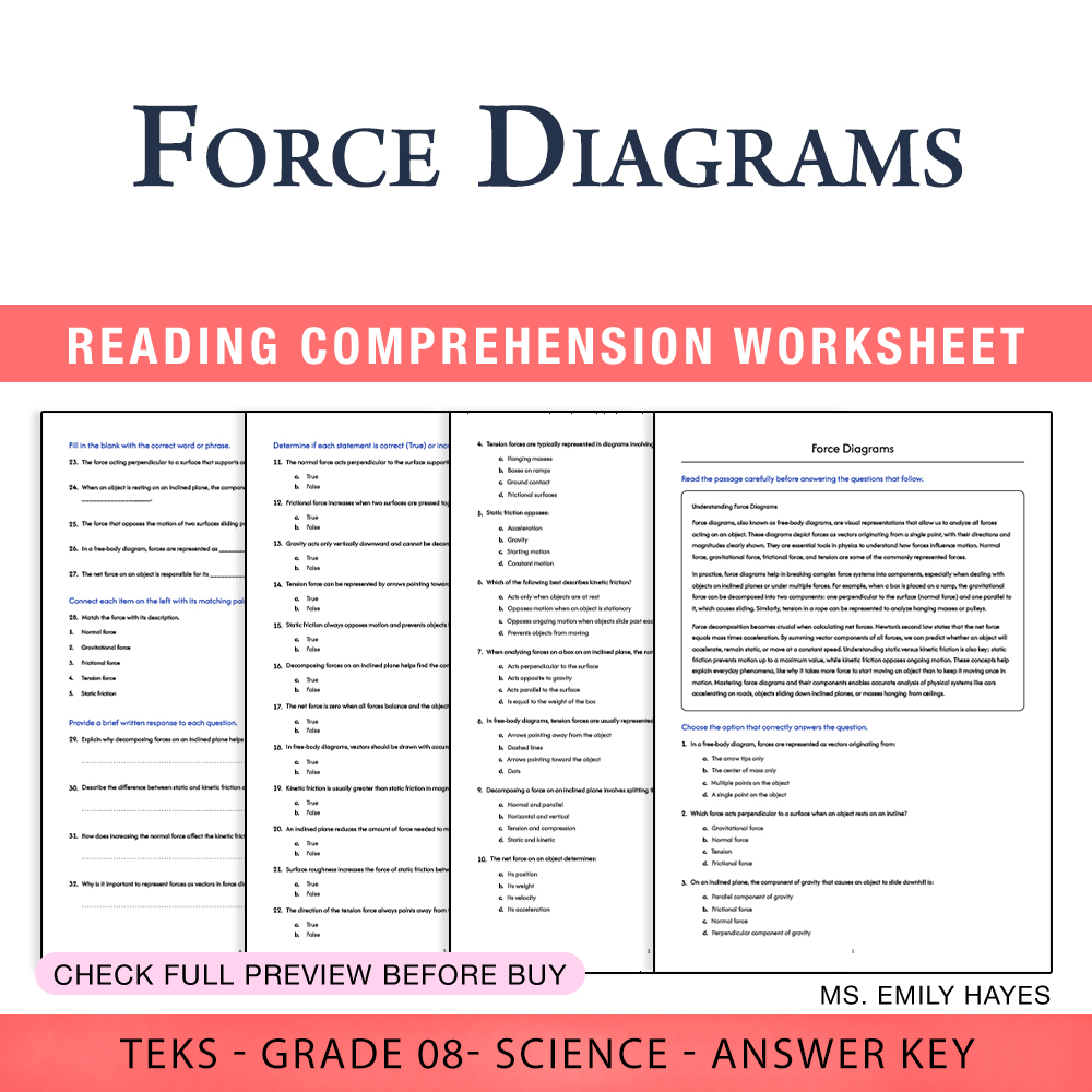 Grade 8 Science worksheet worksheet — 8th Grade Science | Force Diagrams Worksheet (PDF+ Answer Key) — page 1