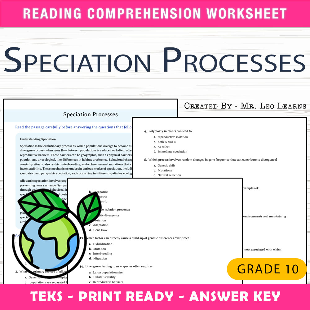 Grade 10 Science worksheet worksheet — Grade 10 Science | Speciation Processes Worksheet for Mastery — page 1