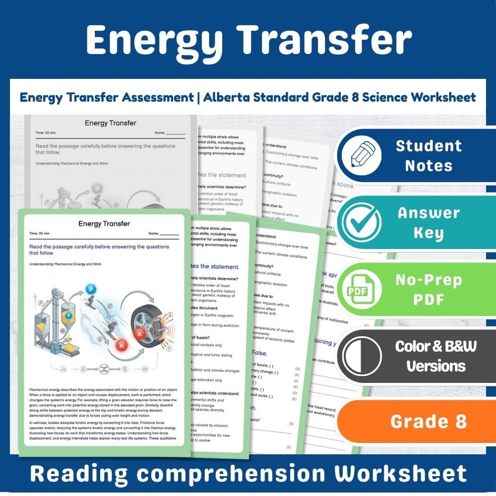 Grade 8 Science assessment worksheet — Energy Transfer Assessment | Alberta Standard Grade 8 Science Worksheet — page 1