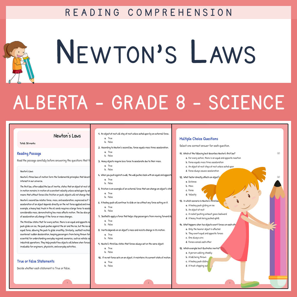 Grade 8 Science worksheet elena worksheet — Grade 8 Science | Newton's Laws Worksheet | Alberta Standard — page 1