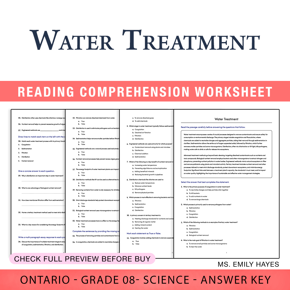 Grade 8 Science worksheet worksheet — 8th Grade Science | Water Treatment Worksheet (PDF+ Answer Key) — page 1