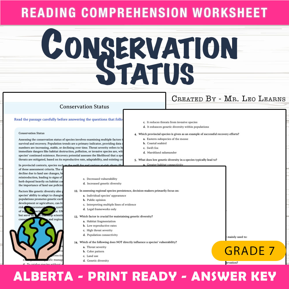 Grade 7 Science worksheet mcq paper worksheet — Grade 7 Science — Conservation Status Worksheet MCQ Paper — page 1