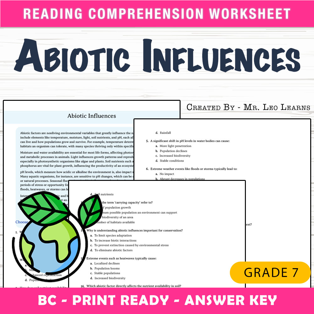 Grade 7 Science worksheet mcq paper worksheet — Grade 7 Science — Abiotic Influences Worksheet MCQ Paper — page 1