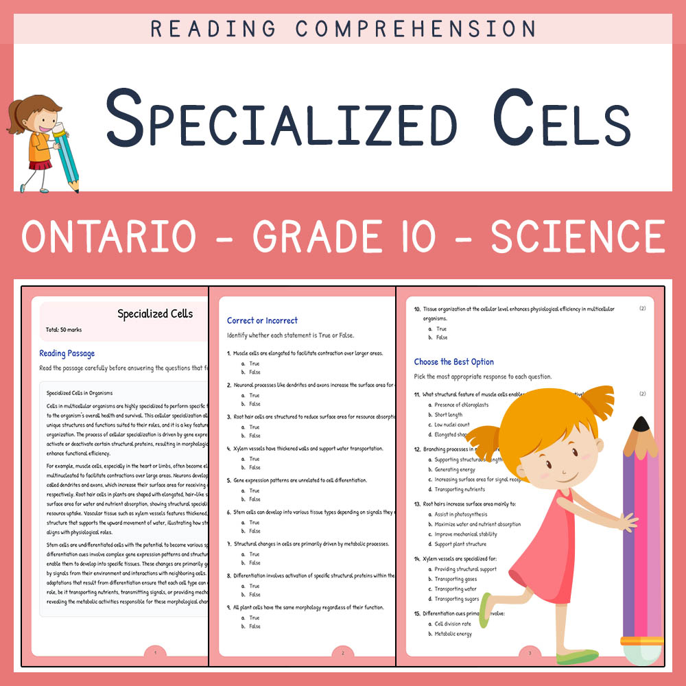 Grade 10 Science worksheet elena worksheet — Grade 10 Science | Specialized Cells Worksheet Elena | Ontario Standard — page 1