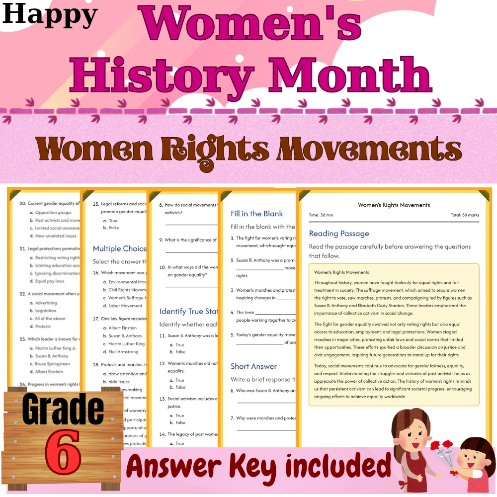 Grade 6 Seasonal | Women’s Rights Movements Worksheet for Mastery|PDF+Answer Key