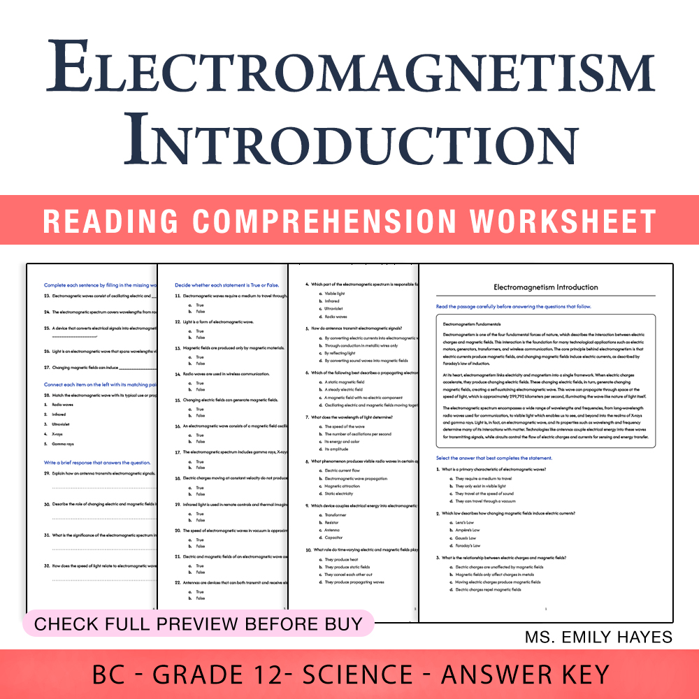 Grade 12 Science worksheet worksheet — 12th Grade Science | Electromagnetism Introduction Worksheet (PDF + Answer Key) — p…