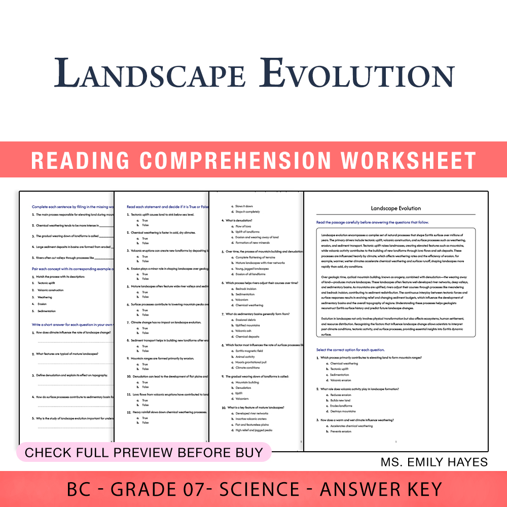 Grade 7 Science worksheet worksheet — 7th Grade Science | Landscape Evolution Worksheet (PDF+ Answer Key) — page 1