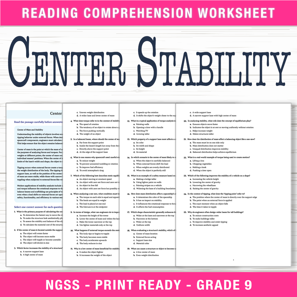 Grade 9 Science worksheet worksheet — Grade 9 Science | Center Stability Worksheet (PDF + Answer Key) — page 1