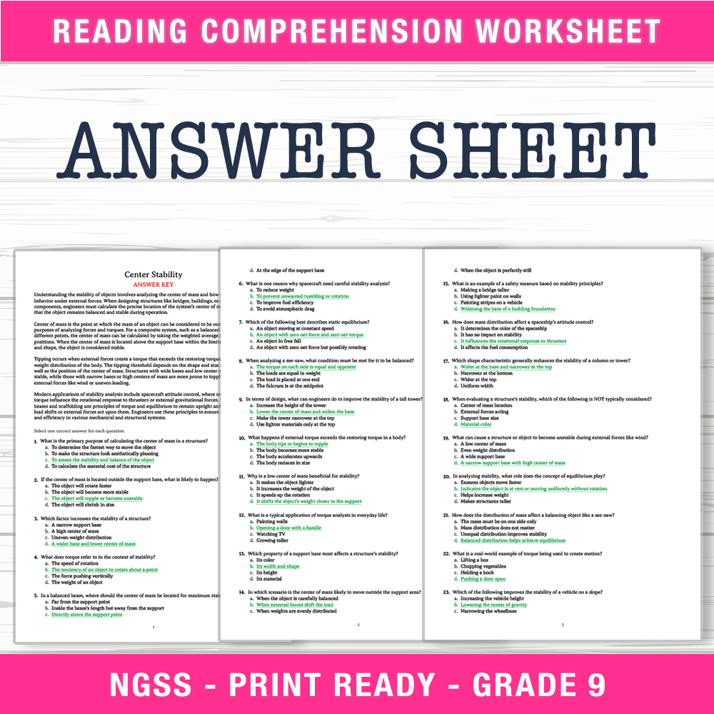 Grade 9 Science worksheet worksheet — Grade 9 Science | Center Stability Worksheet (PDF + Answer Key) — page 2