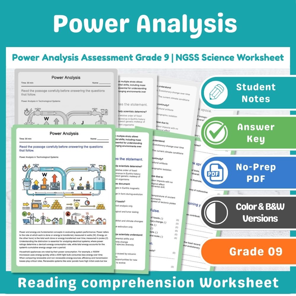 Power Analysis Assessment Grade 9 | NGSS Science Worksheet
