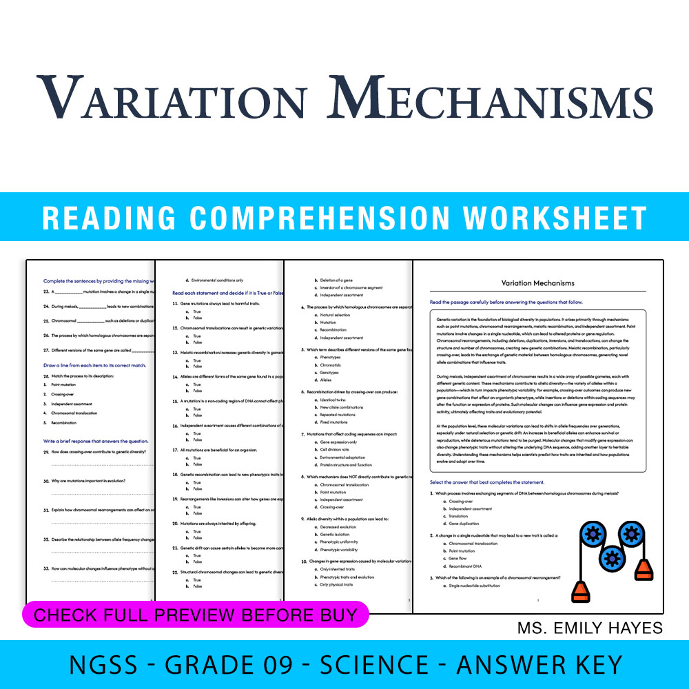 Grade 9 Science worksheet worksheet — 9th Grade Science | Variation Mechanisms Worksheet (PDF+ Answer Key) — page 1