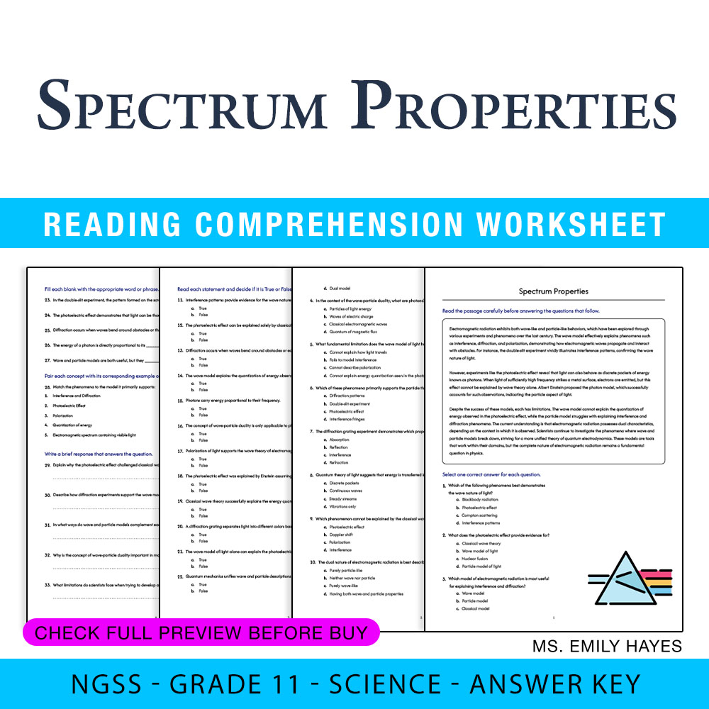 Grade 11 Science — worksheet — Grade 11 Science | Spectrum Properties Worksheet (PDF+ Answer Key) — page 1