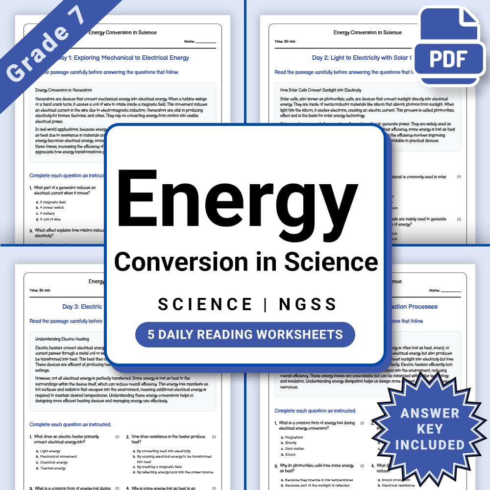 Grade 7 Science daily reading worksheet worksheet — Grade 7 Science – Energy Conversion Daily Reading Worksheet(PDF + Answ…