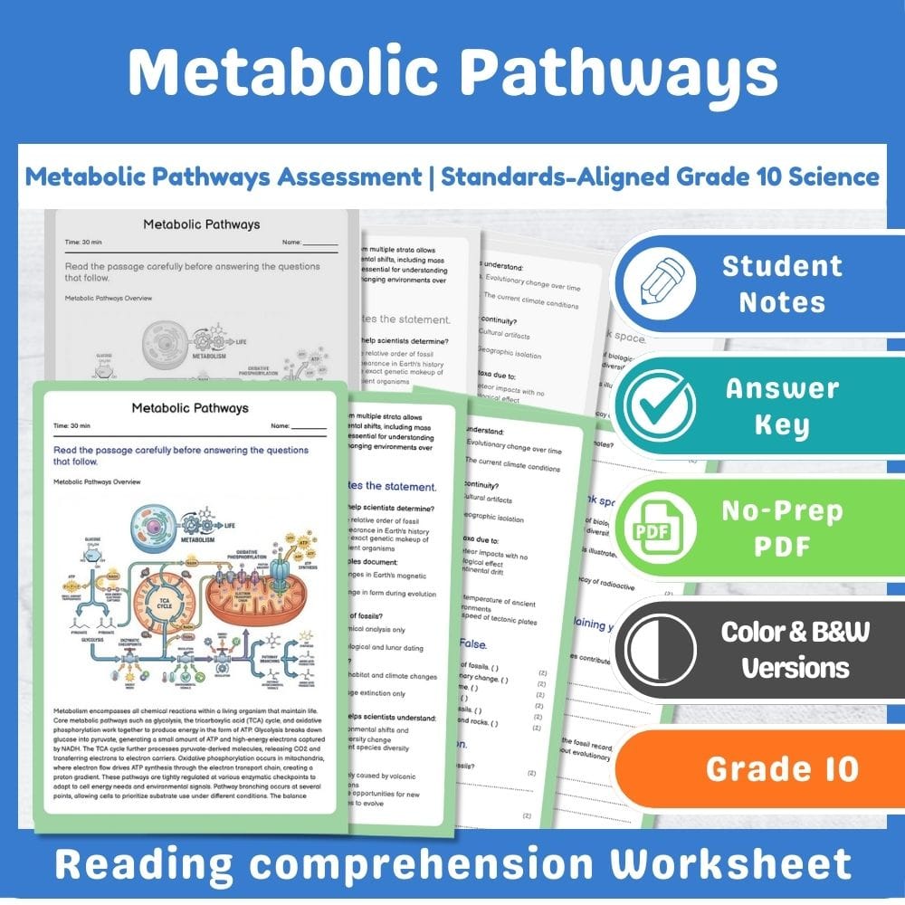 Grade 10 Science assessment worksheet — Metabolic Pathways Assessment | Standards-Aligned Grade 10 Science — page 1