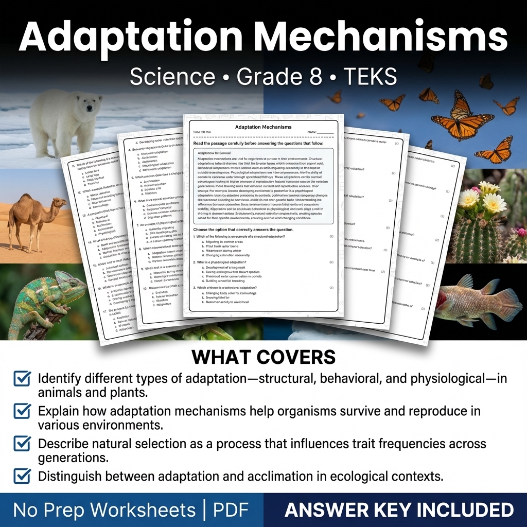 Grade 8 Science | Adaptation Mechanisms Worksheet (Printable PDF + Answer Key)