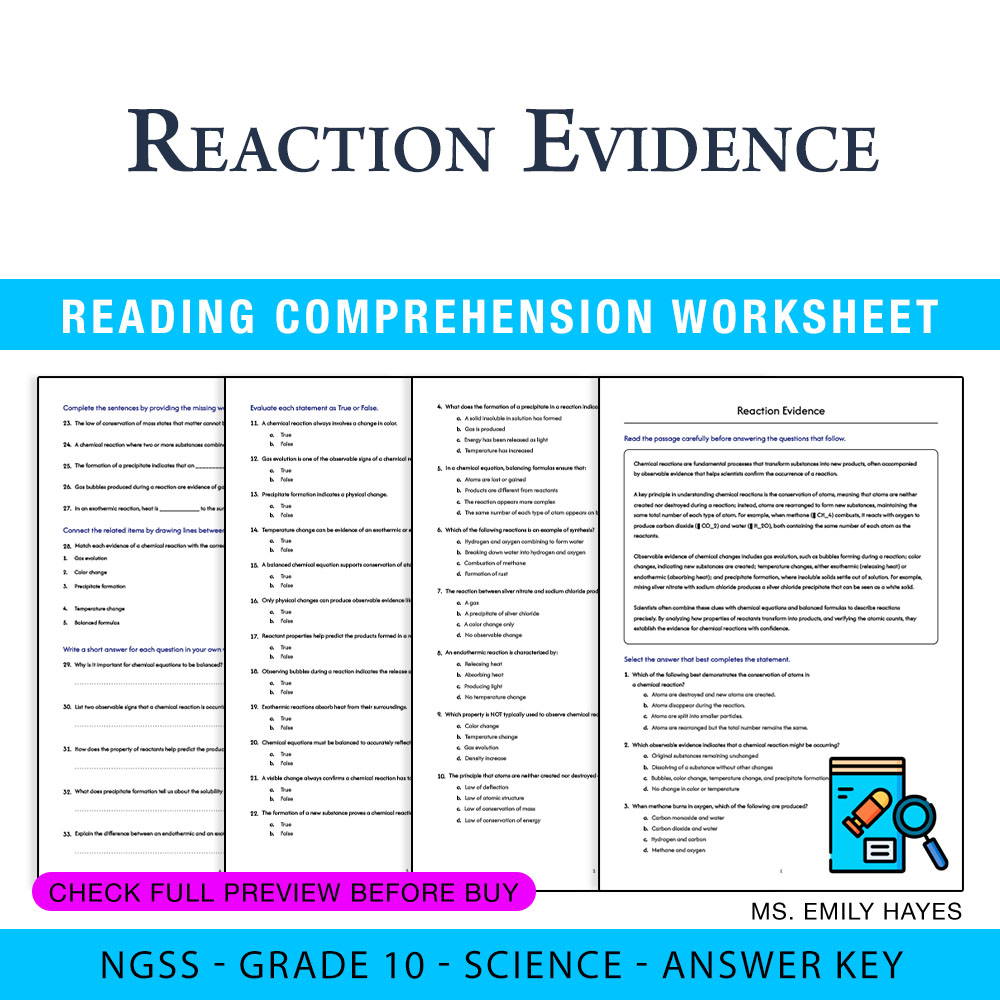 Grade 10 Science worksheet worksheet — 10th Grade Science | Reaction Evidence Worksheet (PDF+ Answer Key) — page 1
