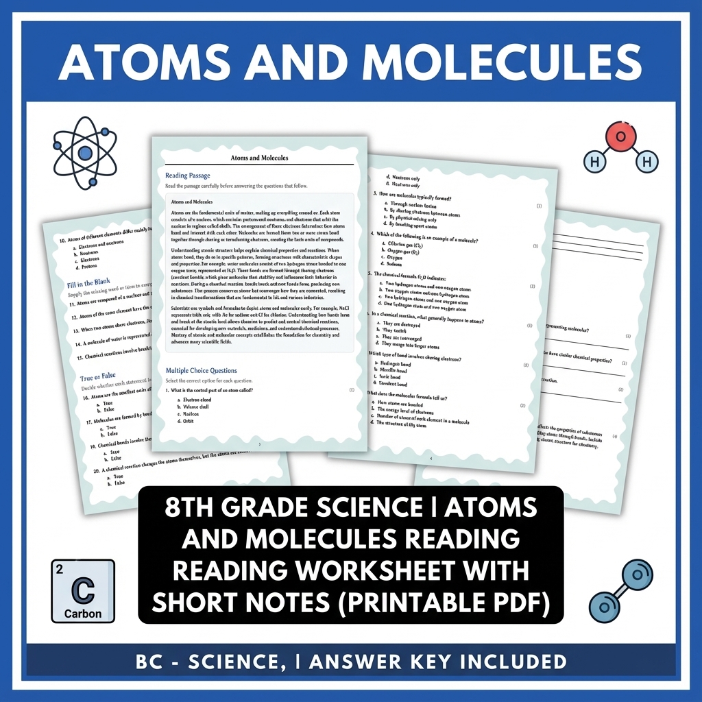 Grade 8 Science | Atoms and Molecules Reading Worksheet (PDF + Answer Key)