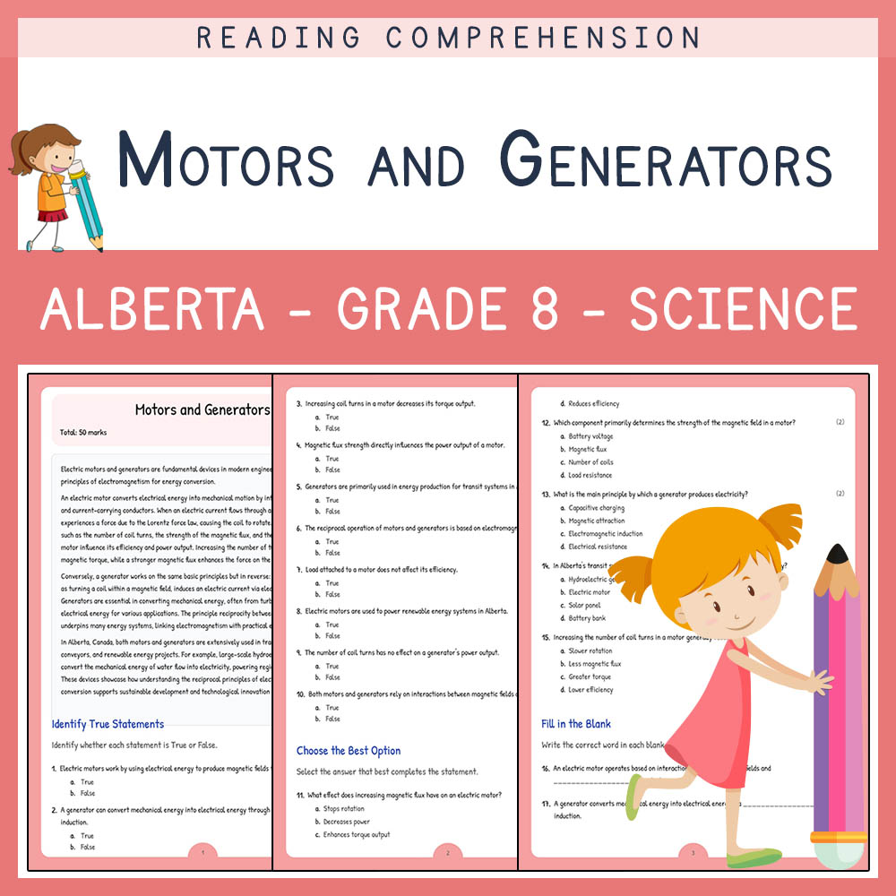 Grade 8 Science worksheet elena worksheet — Grade 8 Science | Motors and Generators Worksheet | Alberta Standards — page 1