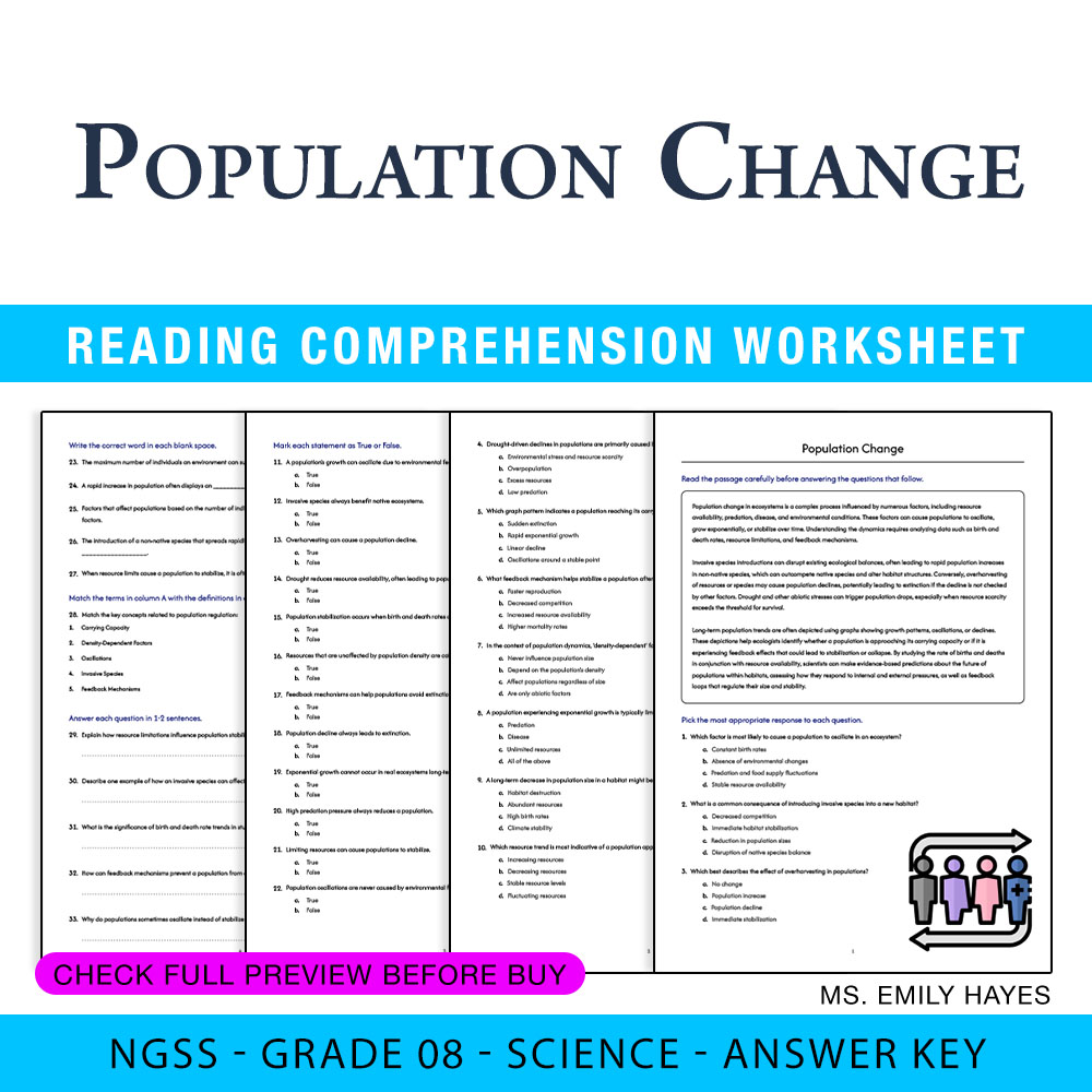 Grade 8 Science worksheet worksheet — 8th Grade Science | Population Change Worksheet (PDF+ Answer Key) — page 1