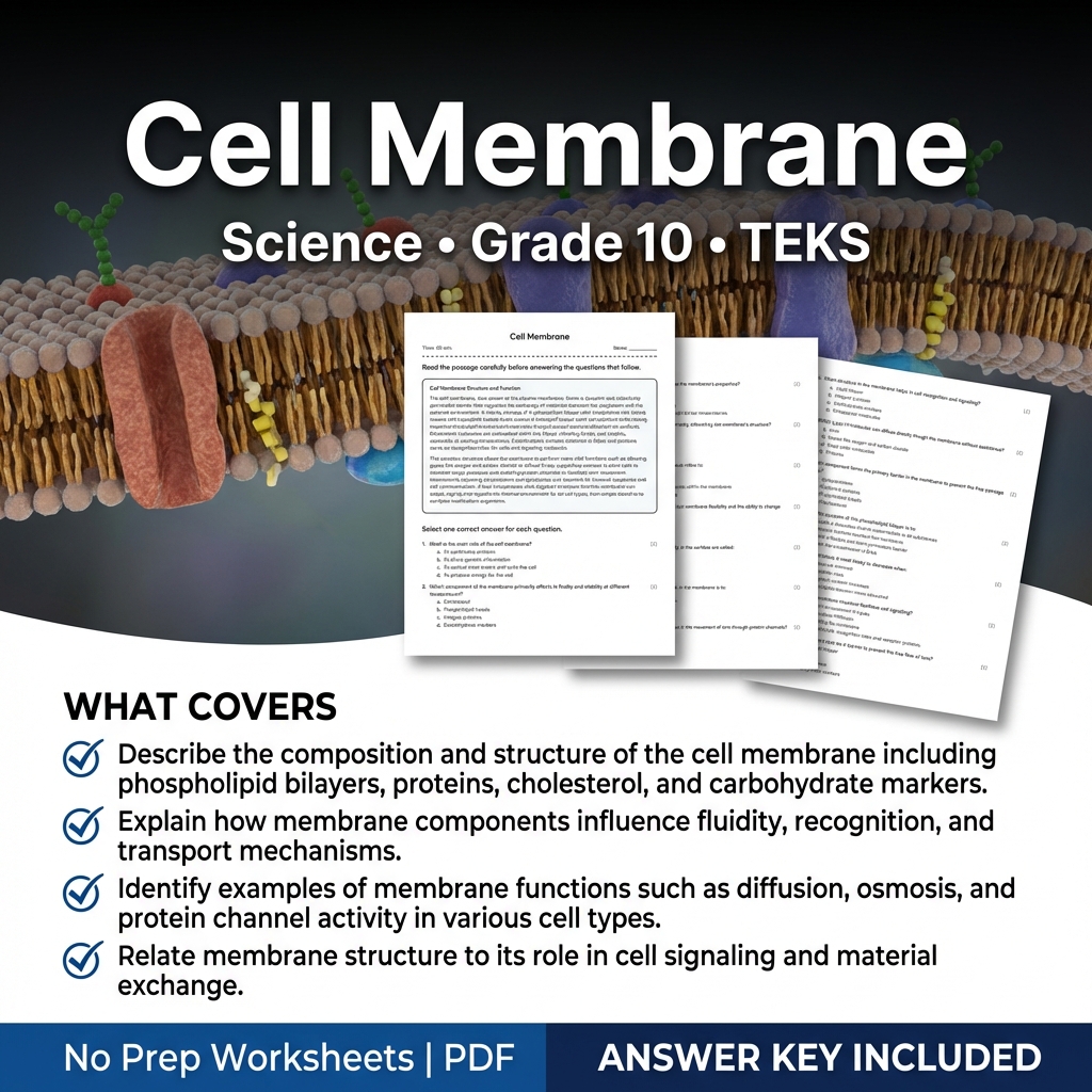 Cell Membrane Worksheet for Grade 10 Science – TEKS Aligned Practice