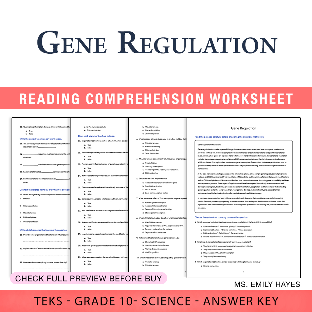 Grade 10 Science worksheet worksheet — 10th Grade Science | Gene Regulation Worksheet (PDF+ Answer Key) — page 1