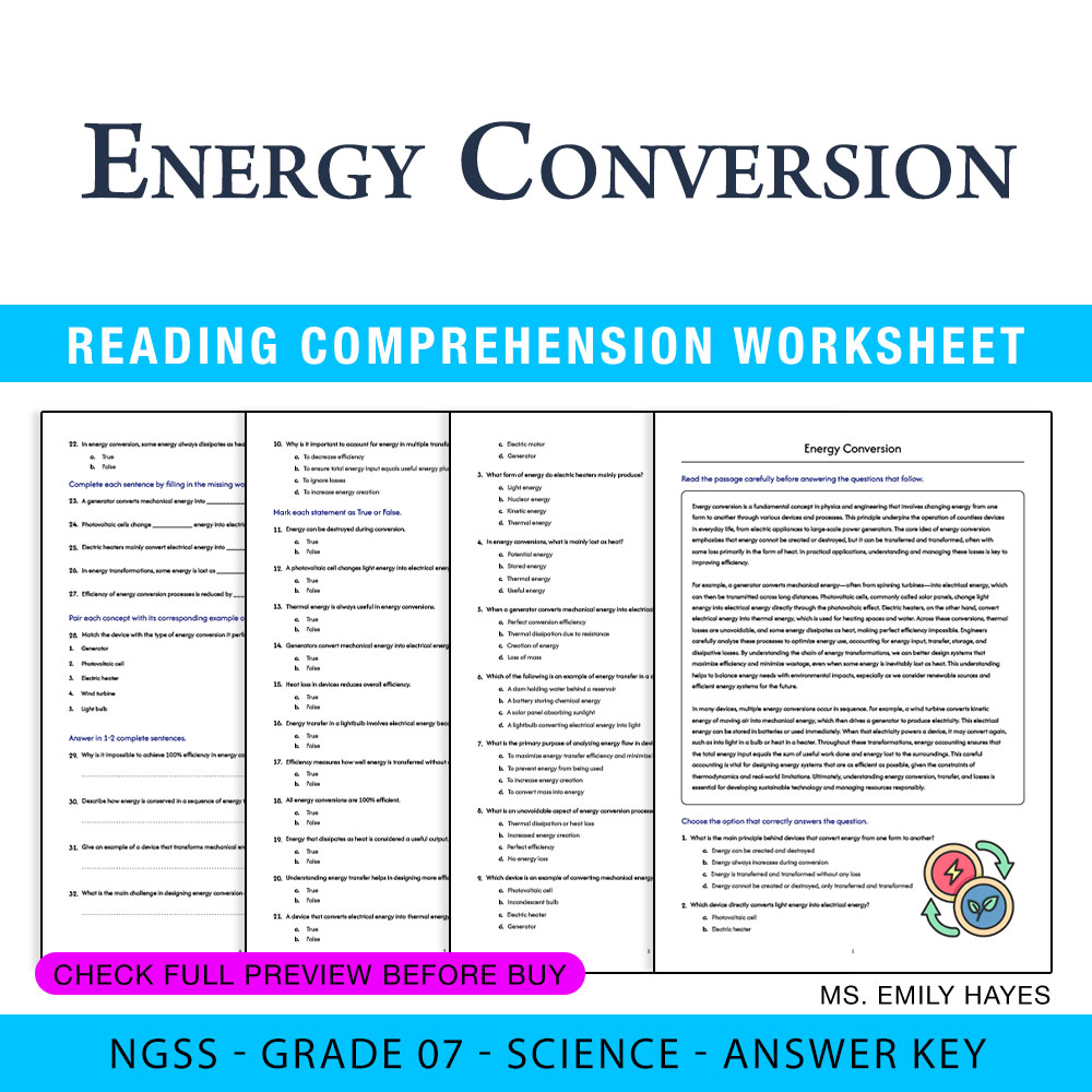 Grade 7 Science worksheet worksheet — 7th Grade Science | Energy Conversion Worksheet (PDF+ Answer Key) — page 1