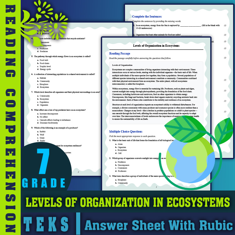 Grade 7 Science reading worksheets worksheet — 7th Grade Science | Levels of Ecosystem Organization Reading Worksheet — pa…