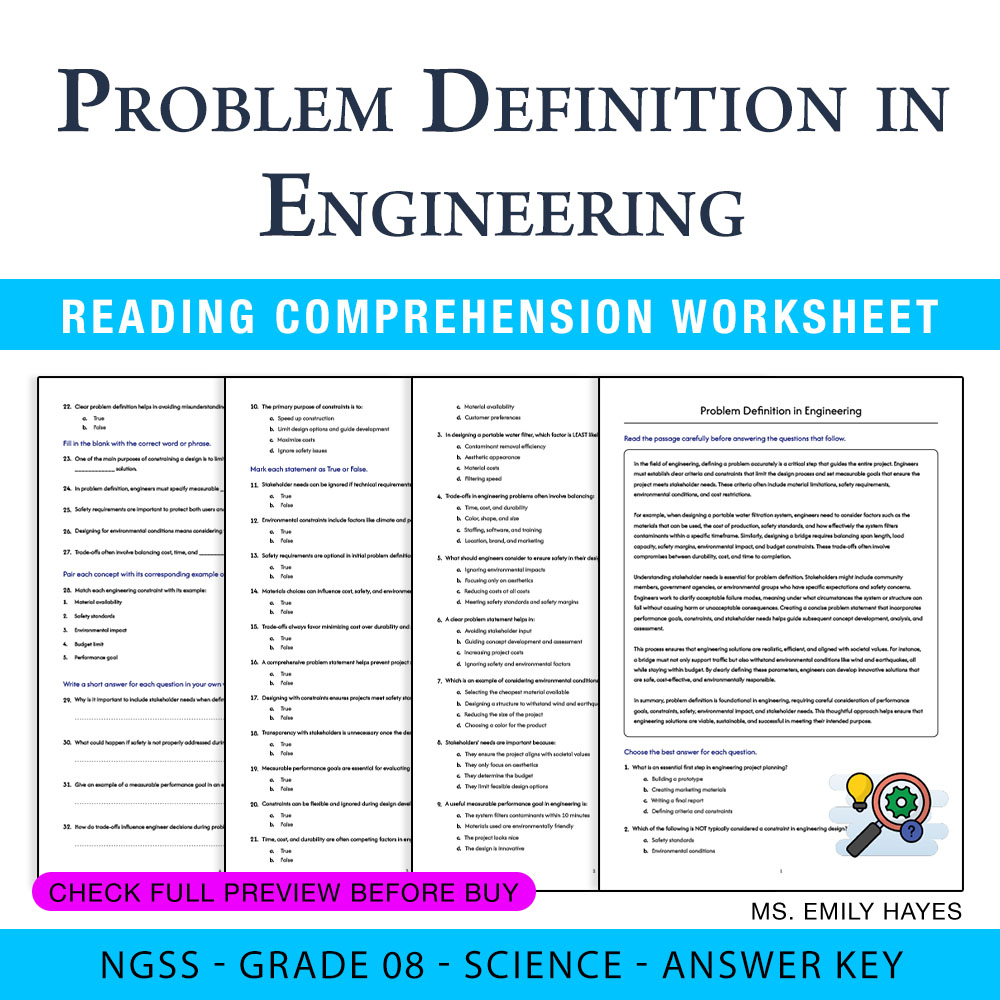 Grade 8 Science worksheet worksheet — 8th Grade Science | Problem Definition in Engineering Worksheet(PDF+ Answer Key) — p…
