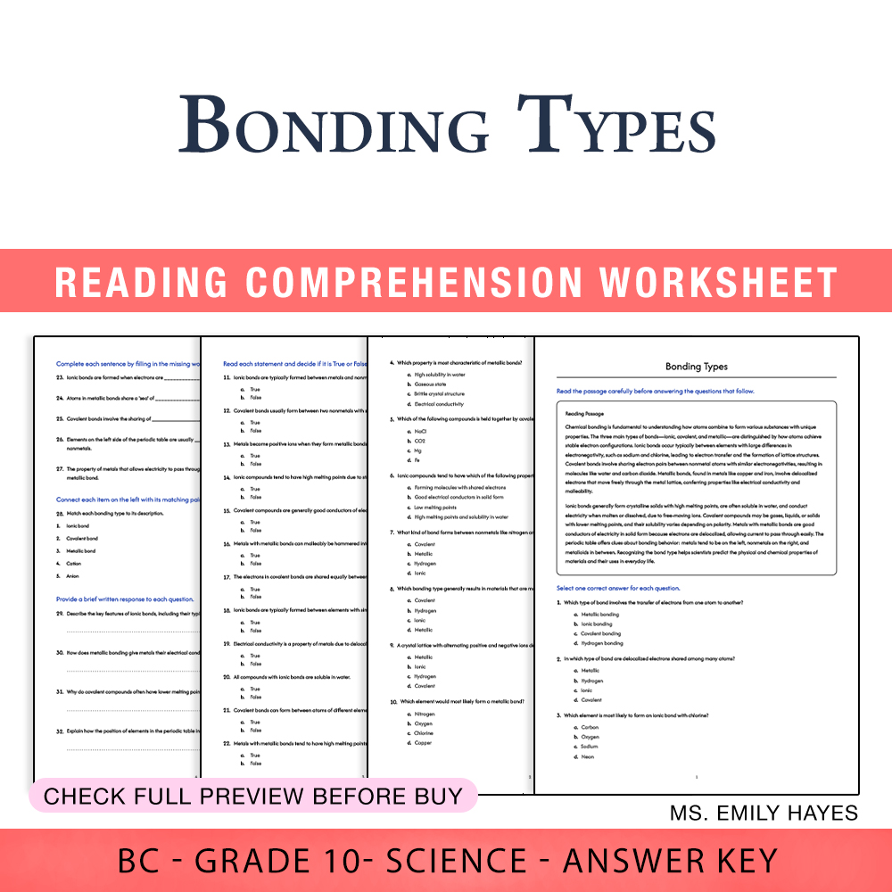 Grade 10 Science worksheet worksheet — 10th Grade Science | Bonding Types Worksheet (PDF + Answer Key) — page 1