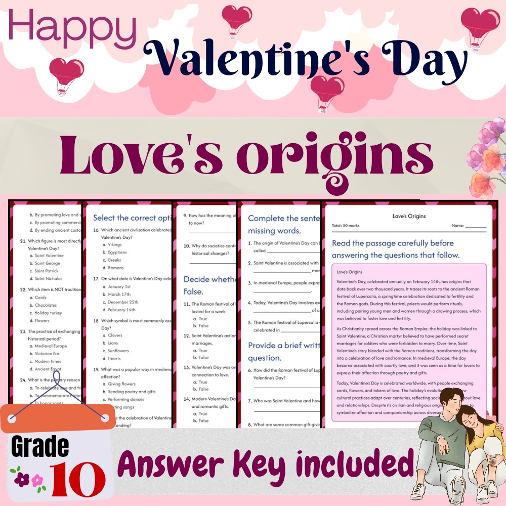 Grade 10 Seasonal Valentine’s Day Unit Bundle | History, Symbols & Cultures — included worksheet 2