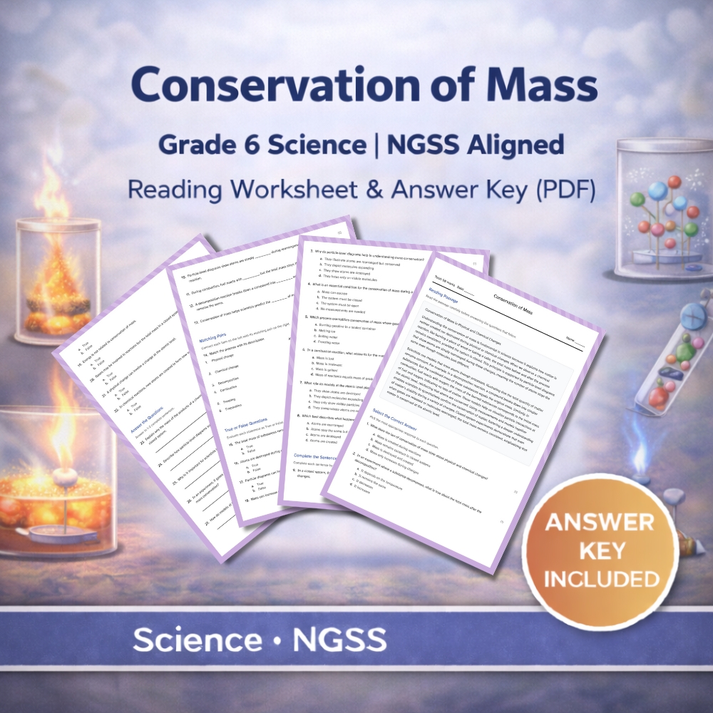 6th Grade Science | Conservation of Mass | Worksheet & Answer Key (NGSS Aligned)