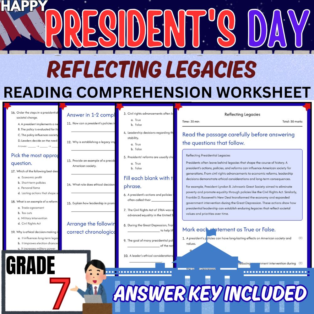 Grade 7 Seasonal Unit | Presidents Day Worksheets Pack (Answer Key Included) — included worksheet 2