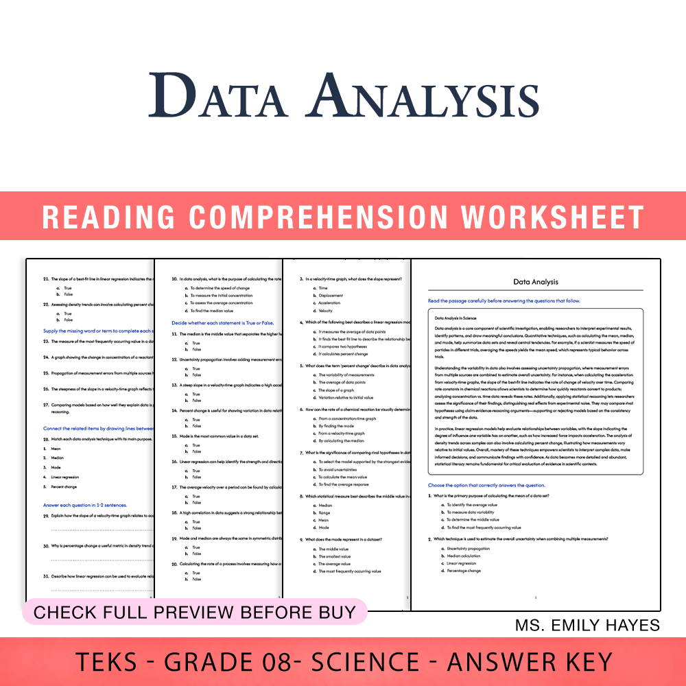 Grade 8 Science worksheet worksheet — 8th Grade Science | Data Analysis Worksheet (PDF+ Answer Key) — page 1