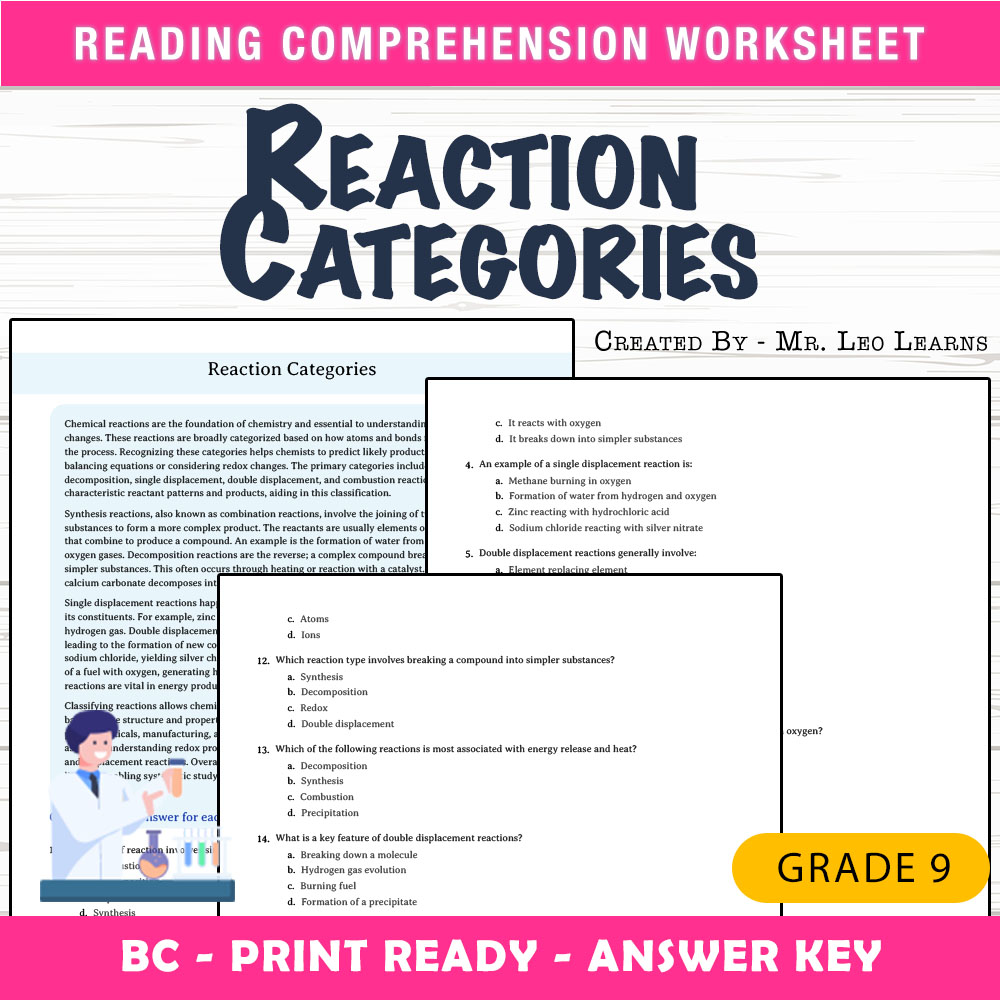Grade 9 Science worksheet mcq paper worksheet — Grade 9 Science — Worksheet MCQ on Reaction Categories | PDF + Answer Key…