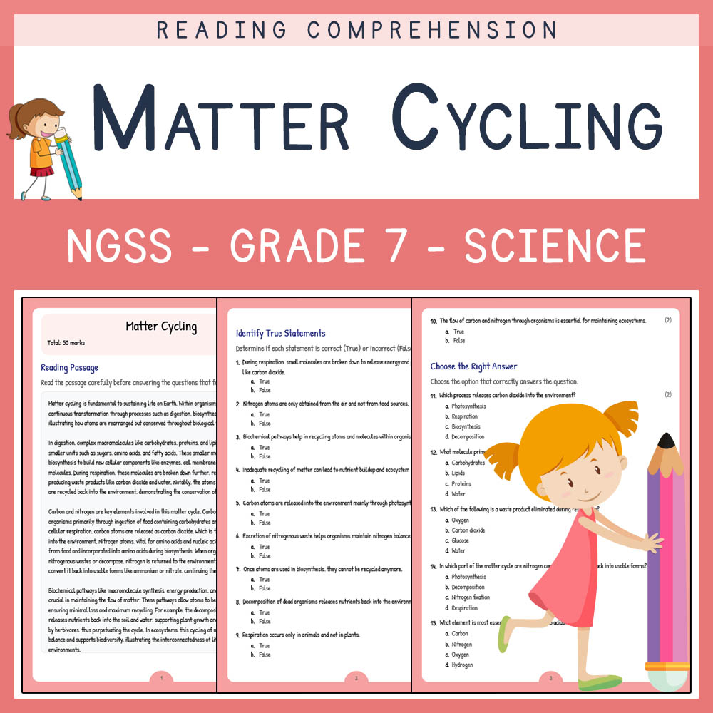 Grade 7 Science worksheet worksheet — Grade 7 Science | Matter Cycling Worksheet + Answer Key – NGSS Aligned — page 1