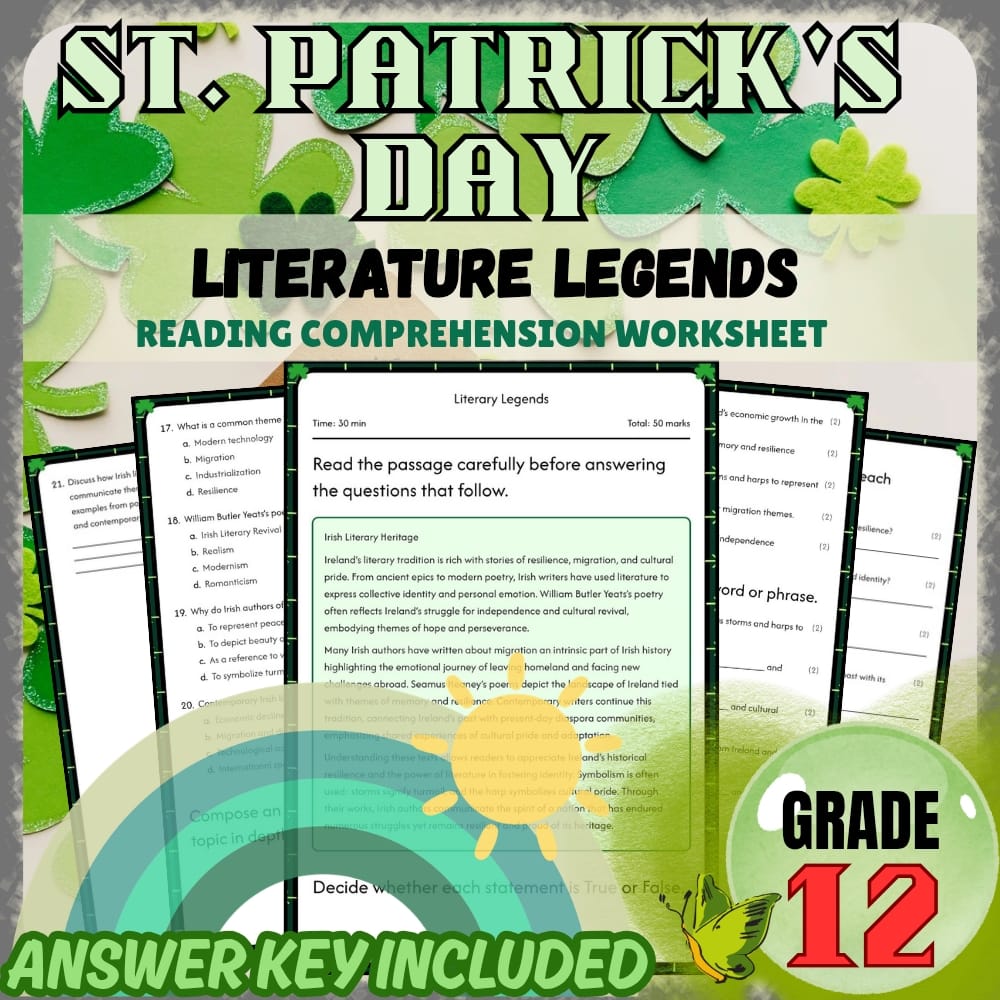 Grade 12 Holiday | St.patricks day for Mastering Irish Literature|PDF+Answer Key