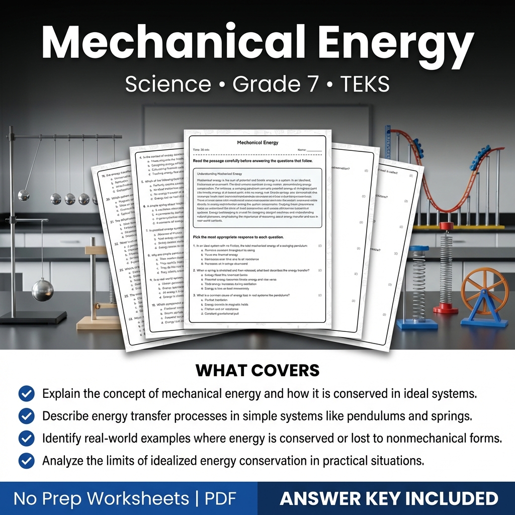 Grade 7 Science Worksheet on Mechanical Energy | TEKS Aligned Practice