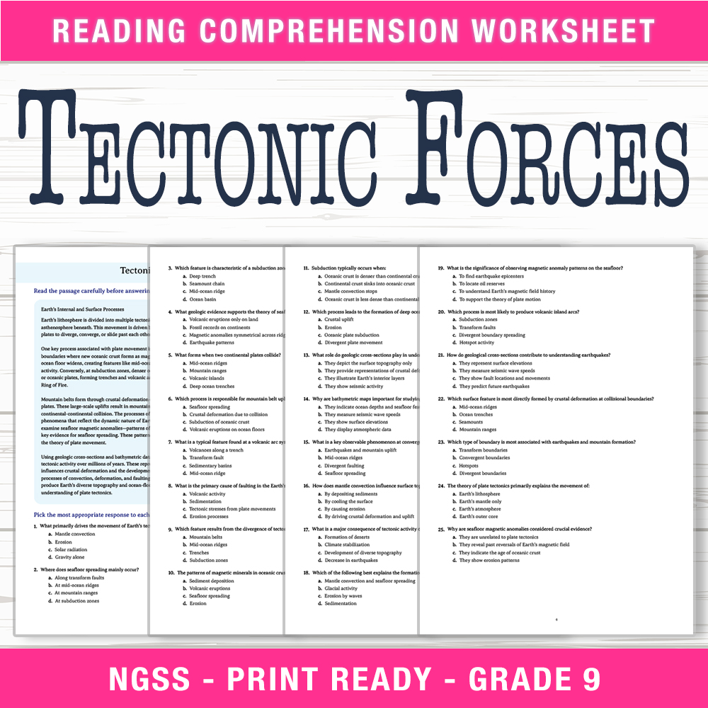 Grade 9 Science worksheet worksheet — Grade 9 Science – Tectonic Forces Worksheet (PDF + Answer Key) — page 1