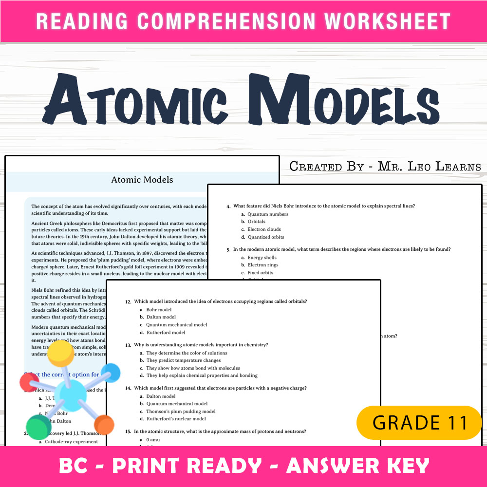 Grade 11 Science worksheet mcq paper worksheet — Grade 11 Science — Worksheet MCQ Paper for Mastering Atomic Models — page 1
