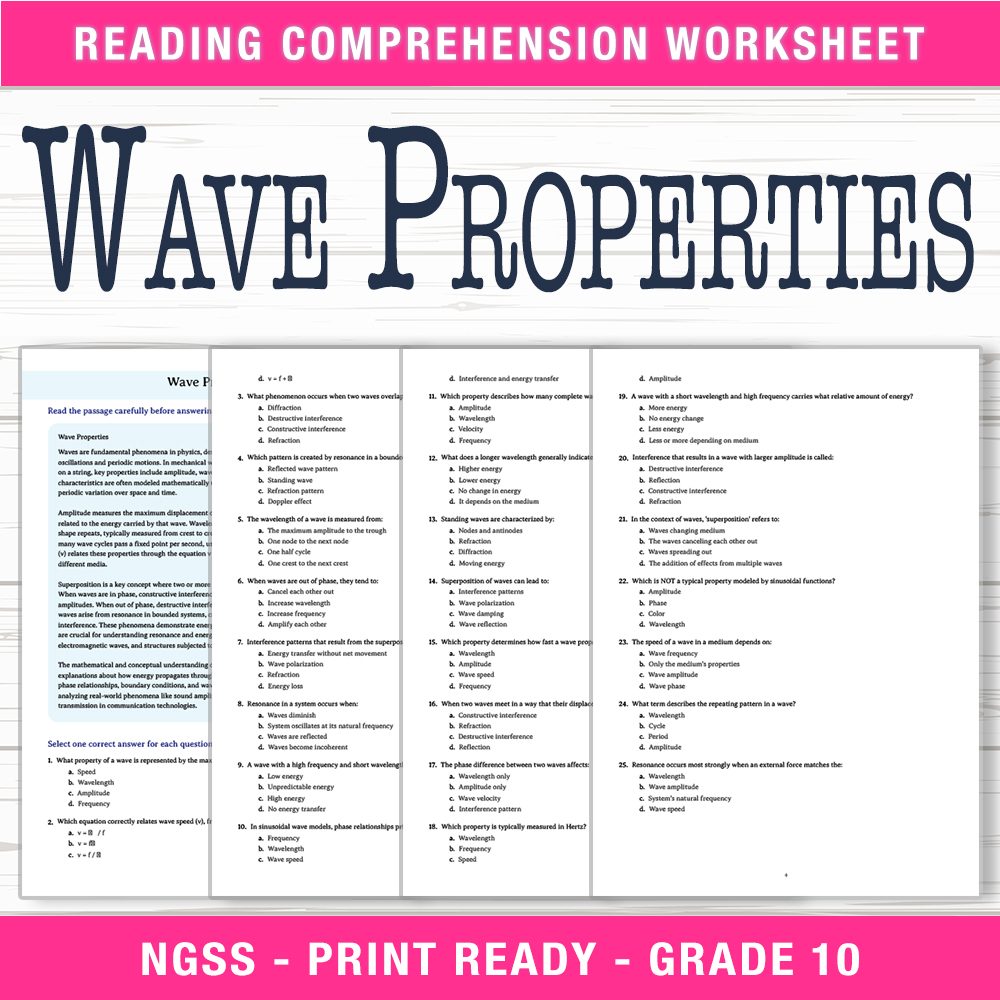 Grade 10 Science worksheet worksheet — Grade 10 Science | Wave Properties Worksheet (PDF + Answer Key) — page 1