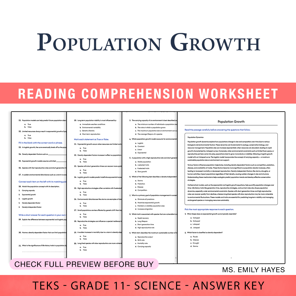 Grade 11 Science worksheet worksheet — 11th Grade Science | Population Growth Worksheet (PDF+ Answer Key) — page 1