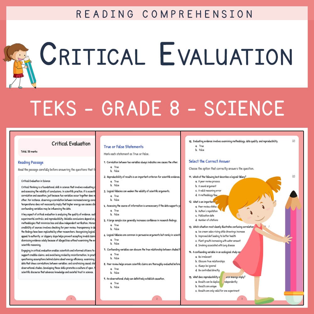Grade 8 Science worksheet elena worksheet — Grade 8 Science | Critical Evaluation Worksheet | TEKS Standards — page 1