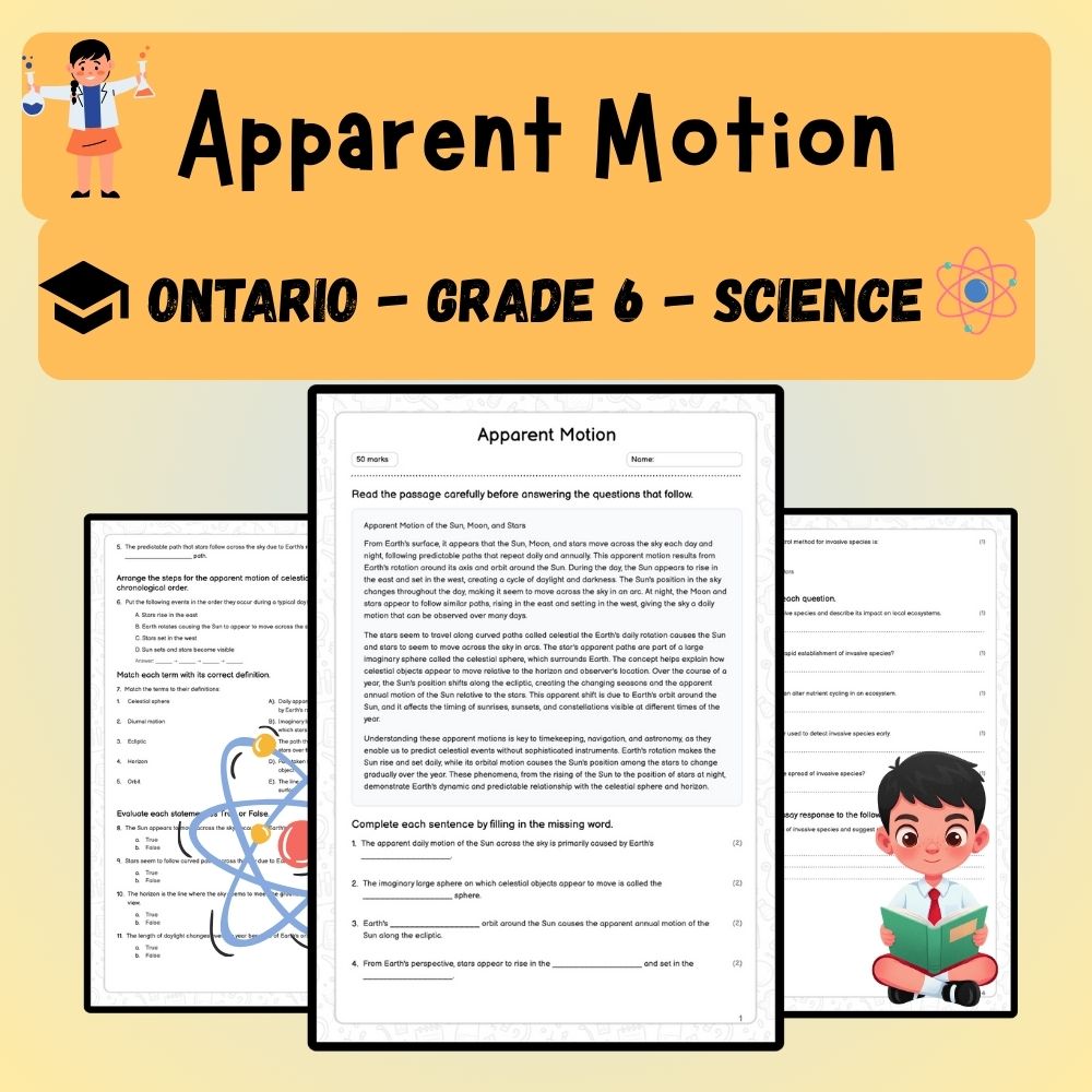 Grade 6 Science worksheet worksheet — 6th Grade Science | Apparent Motion Worksheet (PDF ) – Ontario Standards — page 1