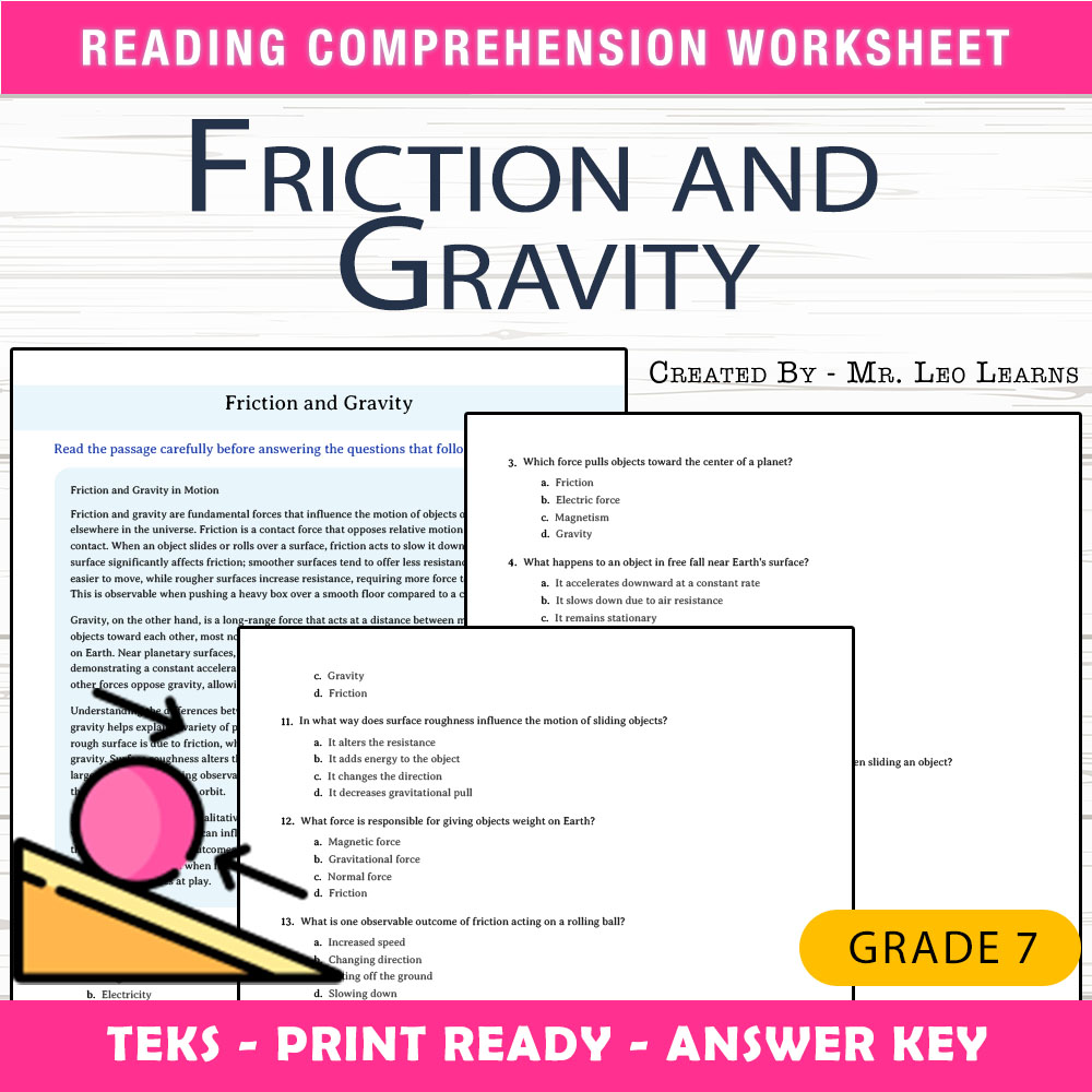 Grade 7 Science worksheet worksheet — Grade 7 Science – Friction and Gravity Worksheet for Mastery — page 1