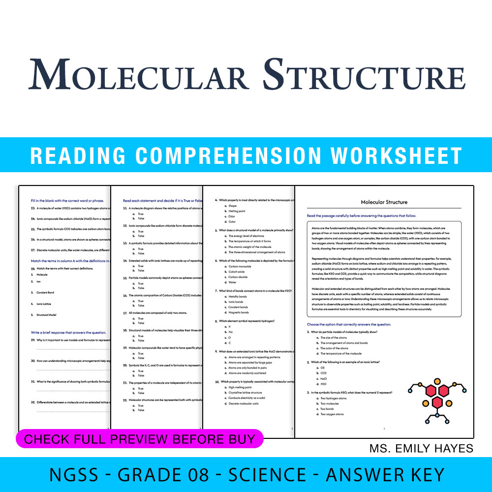 Grade 8 Science worksheet worksheet — 8th Grade Science | Molecular Structure Worksheet (PDF+ Answer Key) — page 1