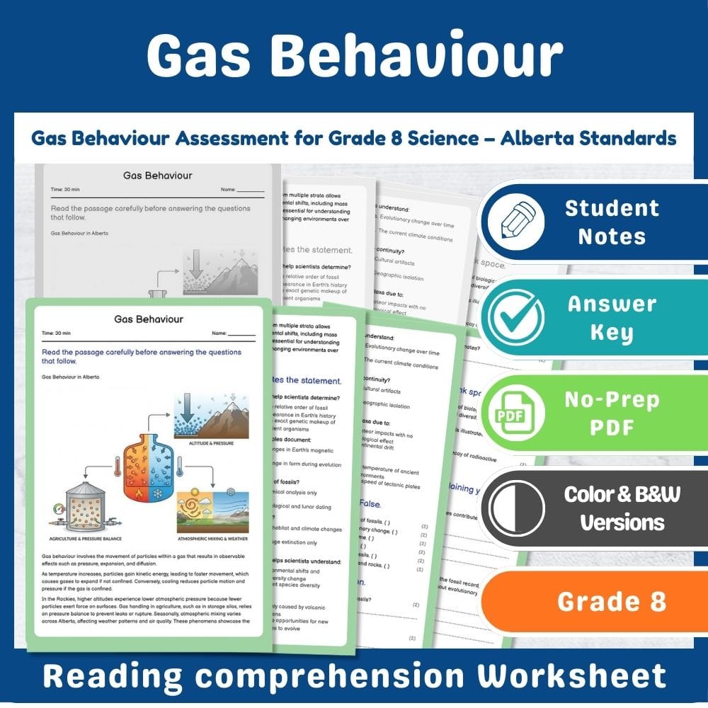 Grade 8 Science assessment worksheet — Gas Behaviour Assessment for Grade 8 Science – Alberta Standards — page 1